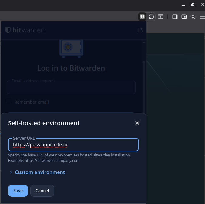 Self-hosted environment dialog with the server URL