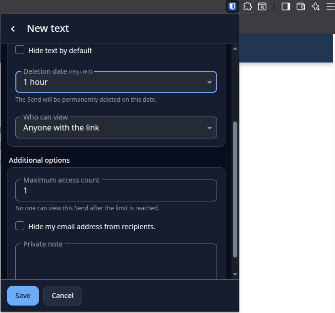 Bitwarden Send options showing deletion date and maximum access count set to 1