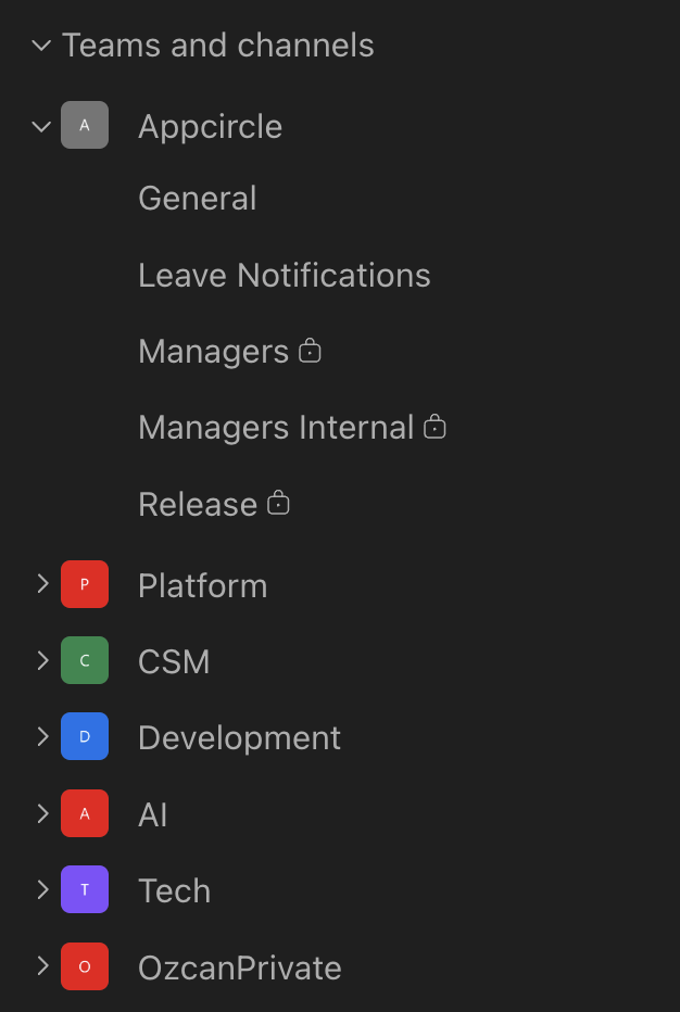 Per-team structure in the left panel Teams and channels